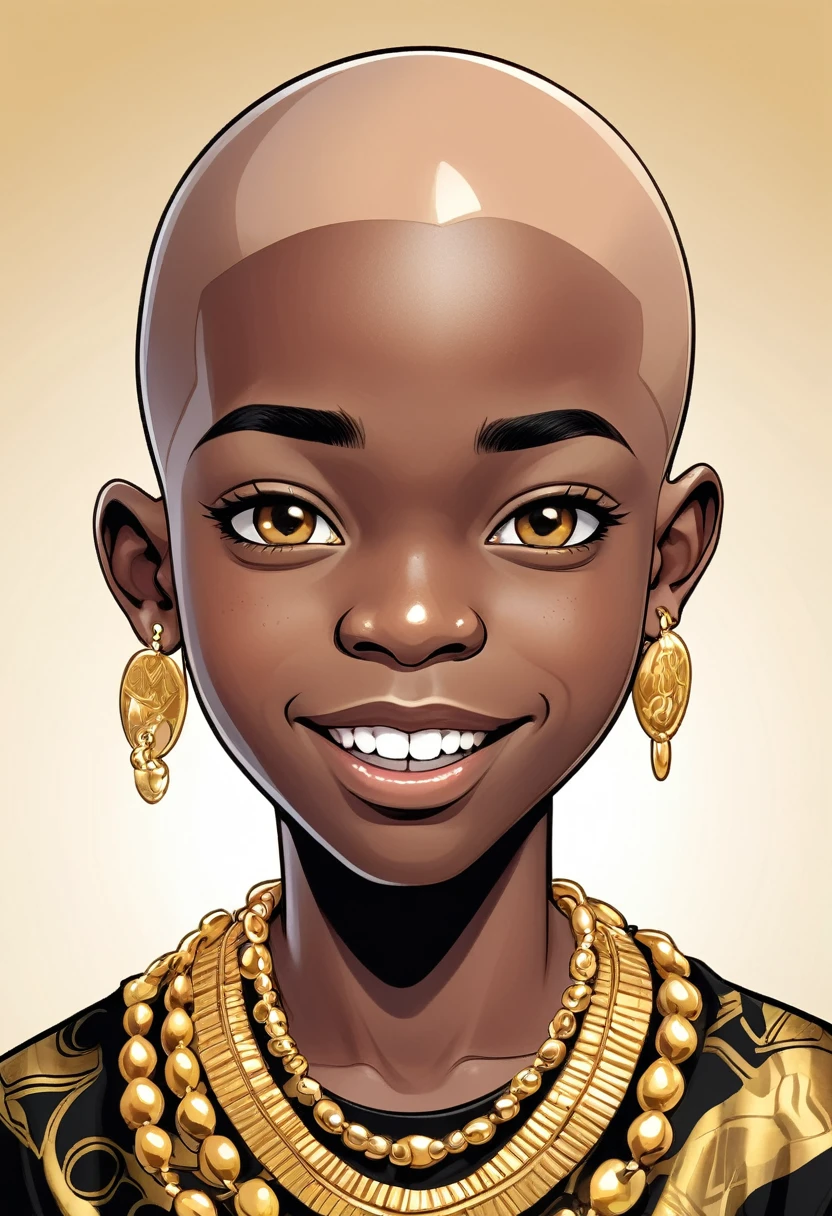  African Bald Man with Gold Jewelry: A close-up cartoon-style image of an African boy with a bald head. He is adorned with gold jewelry, including a gold tooth, gold chain and gold earrings. He is wearing a black t-shirt with a solid white background..