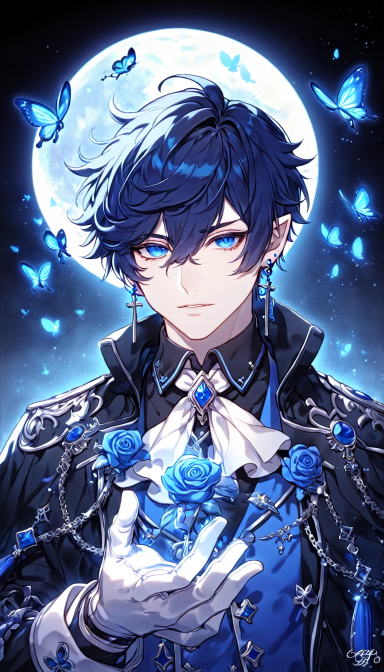 absurdres, highres, ultra detailed, HDR, master piece, best quality, extremely detailed, detailed face, Ciel, dark blue hair, expressive blue eyes, slightly pointed ears, Elsword, cross earrings, solo, sexy man, handsome, manly man, black coat, blue vest, black shirt, white gloves, white cravat, magical, fantasy, under a blue tree, blue flames, blue moon, blue fireflies, blue roses, blue butterflies, glass magic