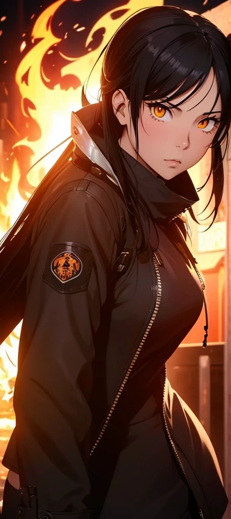 Tamaki Kotatsu from Fire Force, a beautiful girl (model-like appearance) aged 17-19. She has a slender figure with long legs and a graceful cat-like demeanor. She is dressed in a micro bikini and a black leather jacket. The artwork should capture her in a sensual pose. (best quality, 4k, 8k, highres, masterpiece:1.2), ultra-detailed, (realistic, photorealistic, photo-realistic:1.37), HDR, vivid colors, professional, bokeh, studio lighting Medium: Illustration Additional details: The backdrop depicts a fiery scene with smoke and flames adding intensity to the environment. The overall composition should exude a sense of power and confidence, highlighting Tamaki's beauty and strength. The artwork should emphasize the intricate details of her eyes and lips, showcasing their mesmerizing beauty. The lighting should accentuate her figure, casting soft shadows that enhance her curves and add depth to the overall image. The color palette should reflect the vibrant and fiery nature of the Fire Force series, incorporating shades of red, orange, and yellow. The art style should capture the essence of anime, combining bold linework with dynamic and sexy poses.