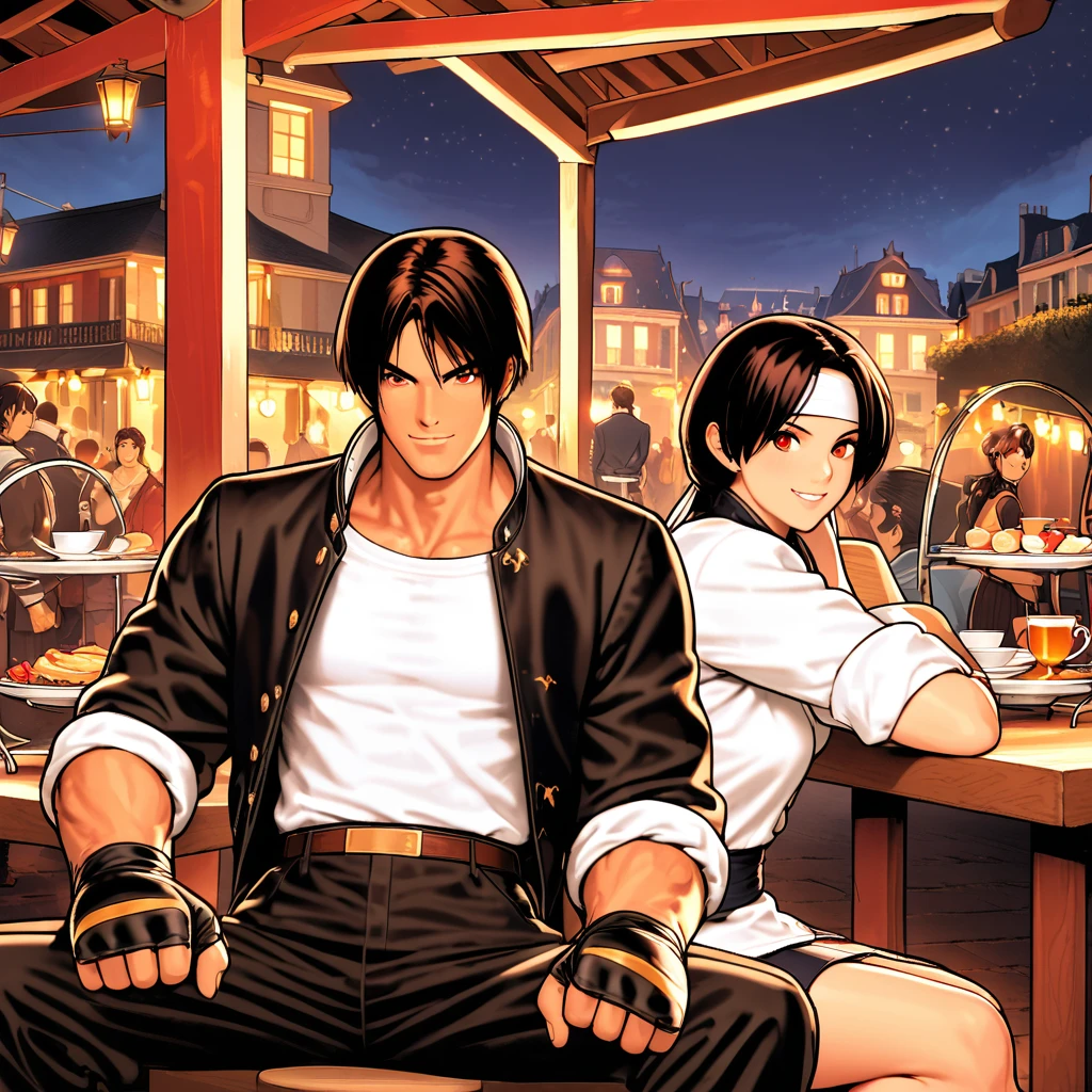 Orochiquinos, dark skin, two people, red eyes, black jacket (rolled up sleeves), fingerless gloves, black hair, white t-shirt, ((white headband)), black pants, white shoes, tea belt, handsome, shot, charm, masterpiece, high resolution, detailed face, fine grain, night, null, confident smile, with lover Promenade des Anglais, outdoor dining, man and woman sitting cross-legged, talking happily, France