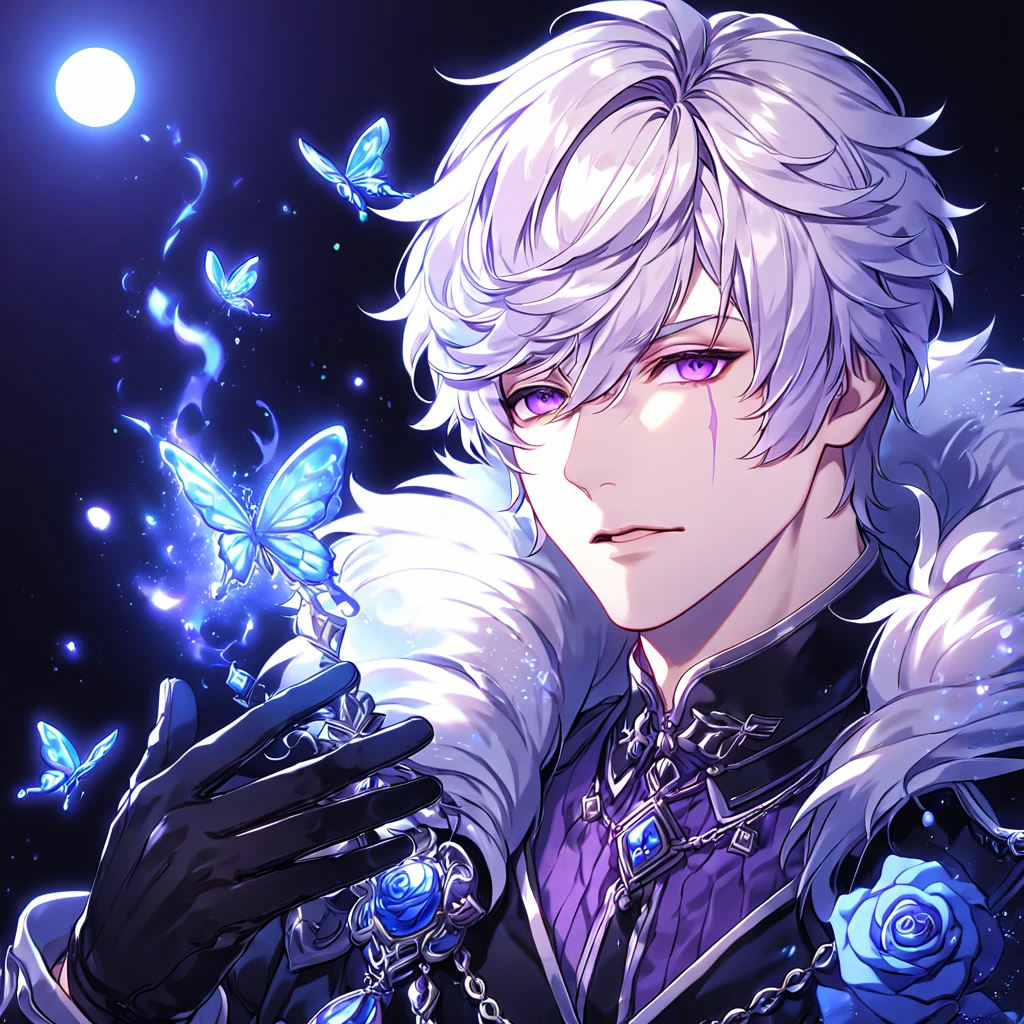 absurdres, highres, ultra detailed, HDR, master piece, best quality, extremely detailed, detailed face, Add, white hair, expressive purple eyes, Elsword, solo, sexy man, handsome, manly man, purple scar on the left eye, black coat with high fur collar, purple shirt, black vest, black gloves, magical, fantasy, under a blue tree, blue flames, blue moon, blue fireflies, blue roses, blue butterflies, glass magic