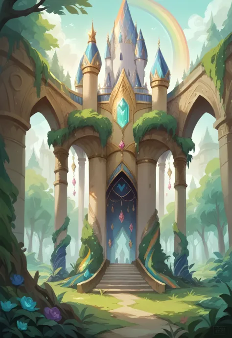 opal palace，a western castle made of colorful jewels，forest