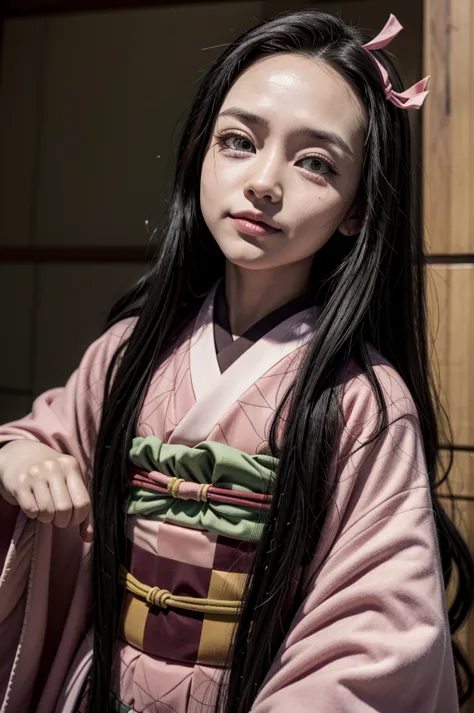 cheered up,nezuko kamado,demon hunter series,cheered up series , four broad heads,pink pupils,pink kimono with green and black b...