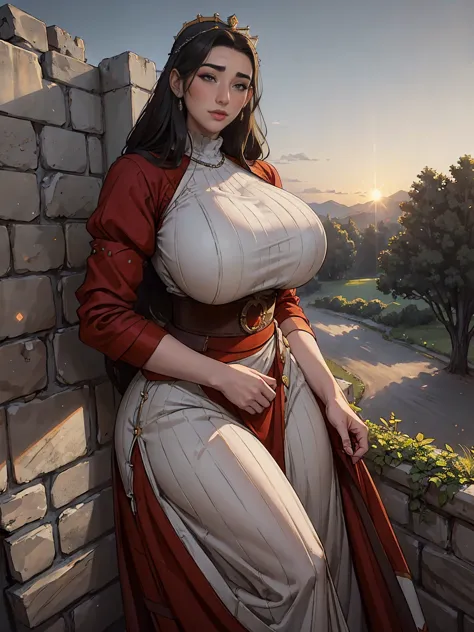 gorgeous and sultry busty athletic (thin) brunette queen with sharp facial features wearing a modest updo, dark red medieval dre...