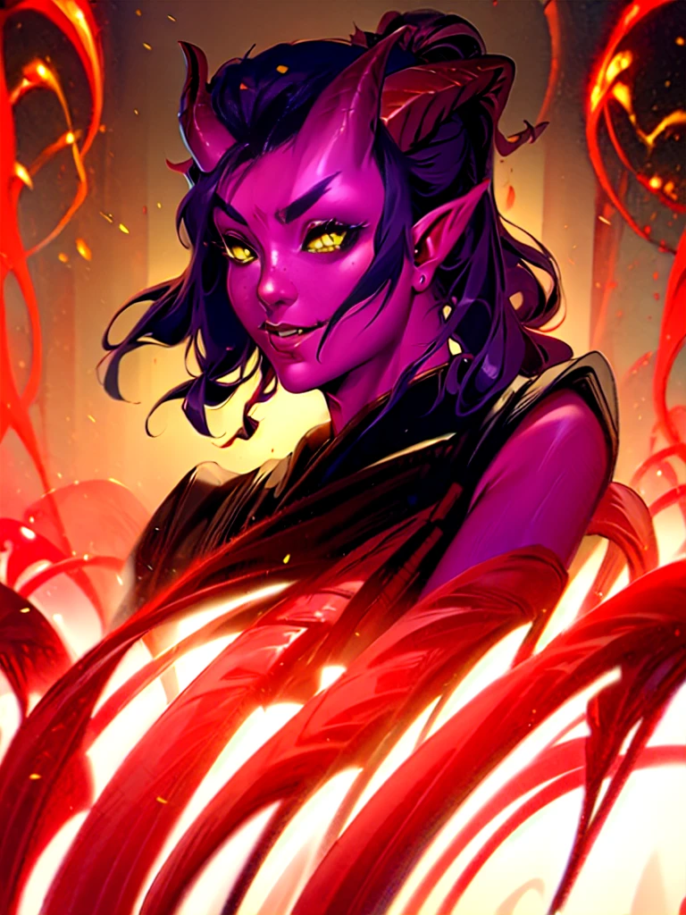 highres, masterpiece, perfect lighting, cinematic lighting, adult, 1 girl, female, looking at viewer, (RSEEmma:1.5),tiefling, ((red colored skin)),  (black horns, demon horns, oni horns, dragon horns), long flowing devil tail, red skin, pointy ears, side-swept bangs, black hair, red IncursioDipDyedHair, messy mid ponytail, yellow eyes, thick eyebrows, freckles, smile, black robe, fire in background, detailed face, face focus