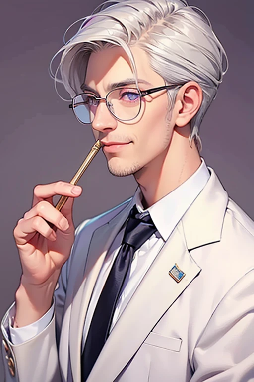 Short_silver_hair, hair_back_side, small_bangs_on the sides, 1adult_man, really_purple_eyes, beautiful_and_detailed_eyes, nice_smile, dress, white_business_suit, holding_a_silver_cane_with_gold_handle, detailed_hands, wearing_white_glasses, better_quality, HD_quality