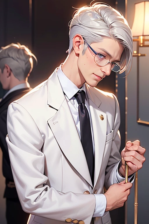 Short_silver_hair, hair_back_side, small_bangs_on the sides, 1adult_man, really_purple_eyes, beautiful_and_detailed_eyes, nice_smile, dress, white_business_suit, holding_a_silver_cane_with_gold_handle, detailed_hands, wearing_white_glasses, better_quality, HD_quality