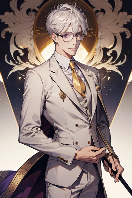 Short_silver_hair, hair_back_side, small_bangs_on the sides, 1adult_man, really_purple_eyes, beautiful_and_detailed_eyes, nice_smile, dress, white_business_suit, holding_a_silver_cane_with_gold_handle, detailed_hands, wearing_white_glasses, better_quality, HD_quality