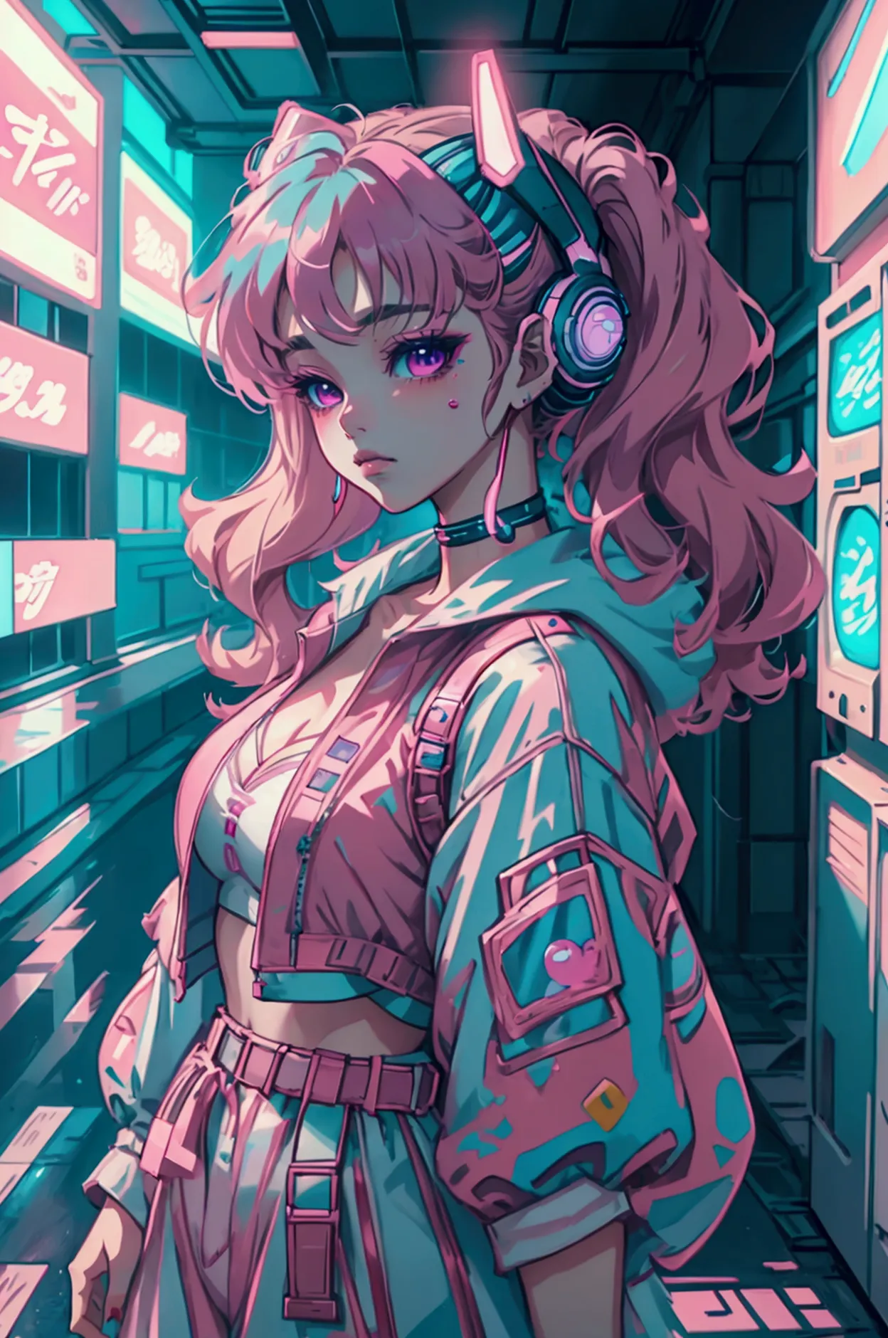 masterpiece, beautiful vaporwave style, 1 woman, playing a game, game room, tight red silk dress in a park 
, anime girl , 8 0s ...