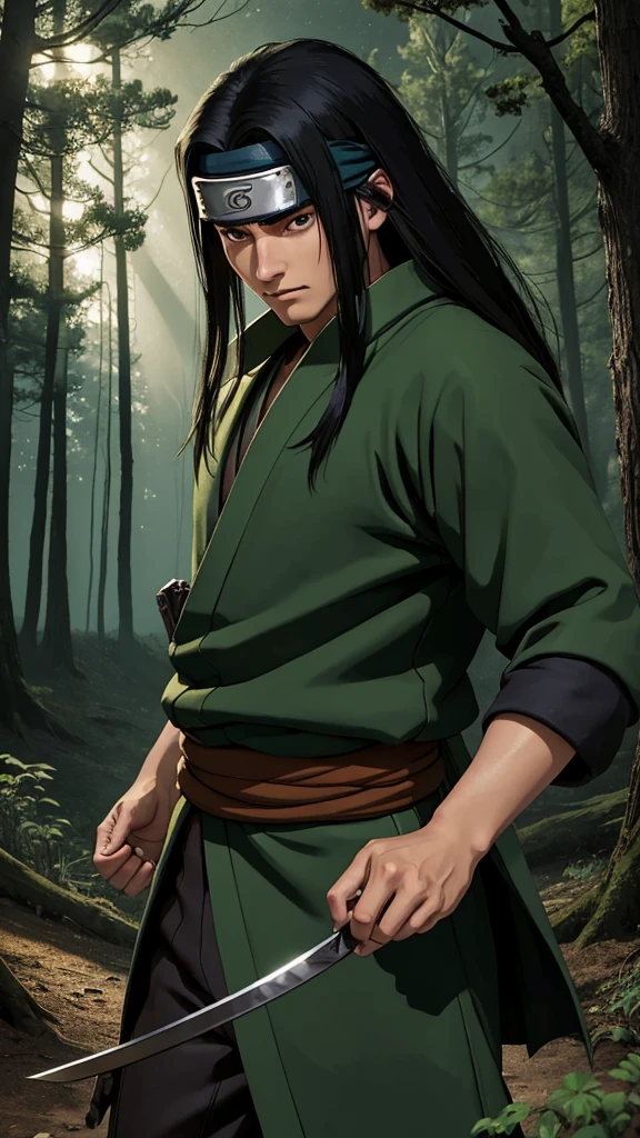 (cowboy shot), sfw, (masterpiece), (best quality:1.0), (ultra highres:1.0), detailed eyes, BREAK looking at viewer, 1boy, ((face scar)), dark skin, long black hair, intimidating look, green armor, samurai armor, black robes, pouches, black headband, narutoStyle, BREAK (forest, many trees, night, outdoors, gorgeous view), action pose