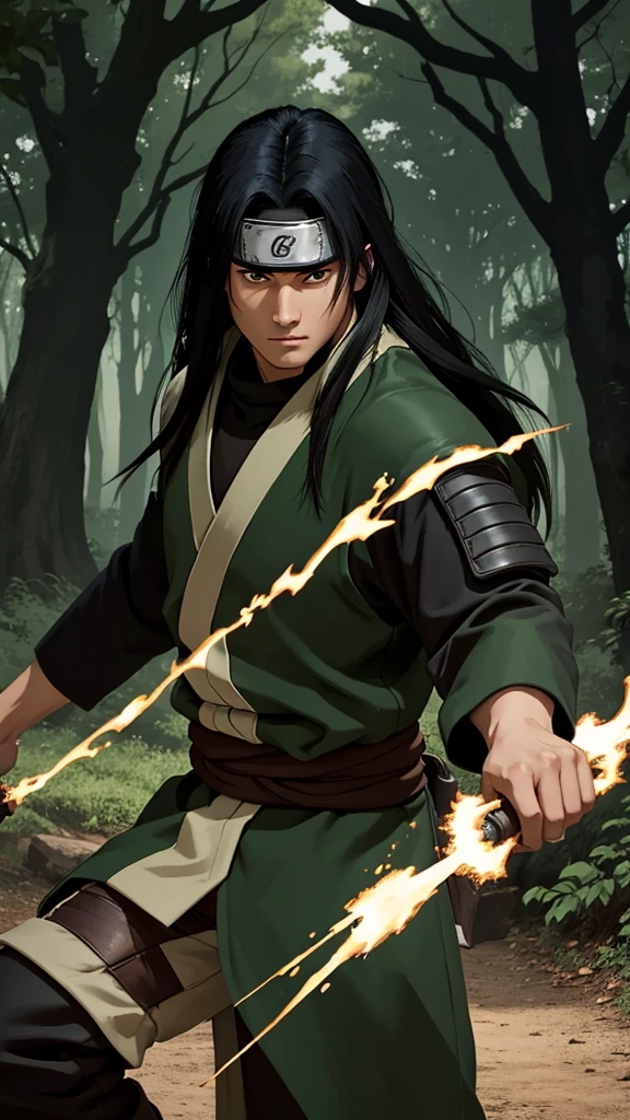 (cowboy shot), sfw, (masterpiece), (best quality:1.0), (ultra highres:1.0), detailed eyes, BREAK looking at viewer, 1boy, ((face scar)), dark skin, long black hair, intimidating look, green armor, samurai armor, black robes, pouches, black headband, narutoStyle, BREAK (forest, many trees, night, outdoors, gorgeous view), action pose