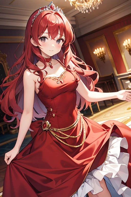 Female character with medium wavy red hair, wearing a princess tiara, wearing a red princess dress, in a ballroom bowing to someone 