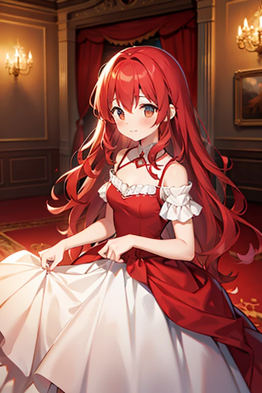 Female character with wavy red hair parted on two sides, wearing a red princess dress, in a ballroom 