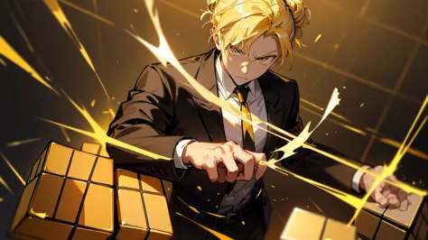 blonde hair, golden eyes, hair tied up into a bun, yellow detailed light from rubiks cube, black jacket, golden shirt, mature ma...