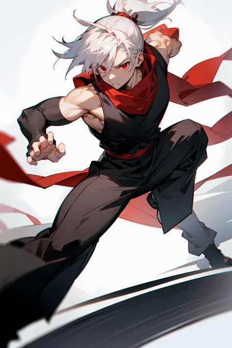 1male, adult, ponytail, white hair, black sleeveless shirt, baggy black pants, red eyes, red scarf, fighting stance