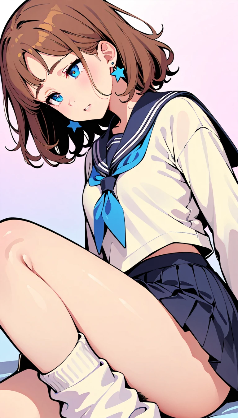 (high quality, 8k, 4K, High Contrast, masterpiece:1.2, 最high quality, Best aesthetics), (Dynamic Angle), ((1 female)),(Having sex in the missionary position while lying down), ((Plain and bright background)), ((Flat Color)), (Navy blue sailor suit), (Navy blue pleated mini skirt),((Female genitals in full view)), (black and thin pubic hair),(loose socks), Looking at the audience, Transparent Background, (Painful expression), Sleepy eyes, High Contrast, Contrasting colors, , Pale pink and blue lighting, ((Medium Hair)) , (Tied Hair), Brown Hair, Red eyes, Small star-shaped earrings in both ears, Blue bright eyeshadow,