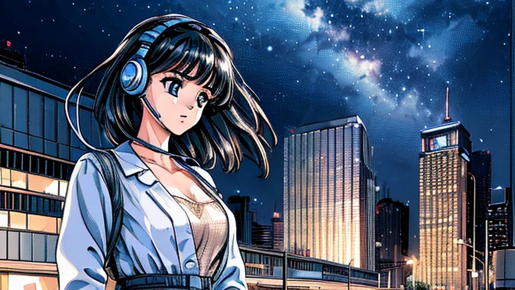 ((masterpiece)),(((Highest quality))),((Super detailed)) Realistically, 1 Girl, beautiful, Wearing headphones, one person　 Watching the night view, city, Starry Sky, building, night.　Long Black Hair　The wind is blowing　Cleavage