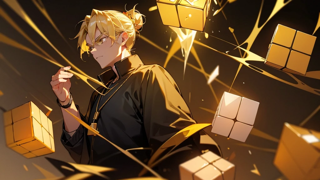 blonde hair, golden eyes, hair tied up into a bun, yellow detailed light from rubiks cube, black jacket, golden shirt, mature male, muscular, serious expression, yellow rubiks cube, red gem necklace