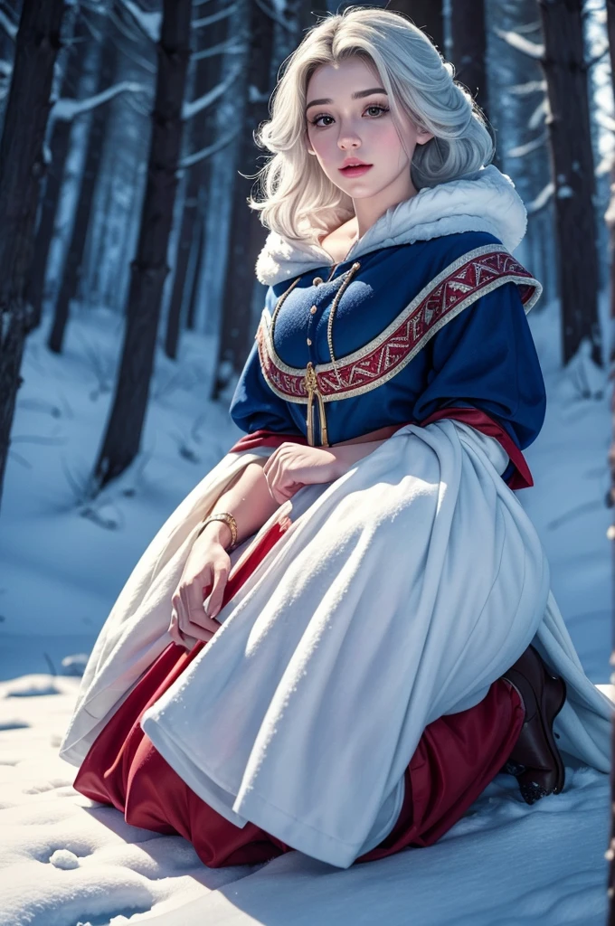 arafa image of a woman in a snow-white dress kneeling in the forest, retrato de White as the snow, White as the snow, pele White as the snow pálida, White as the snow como lutadora de d&d, in the style artgerm, pinup art, desenhada in the style artgerm , 4k hd. Snow-white hair, Estilo Ivan Talavera e Artgerm