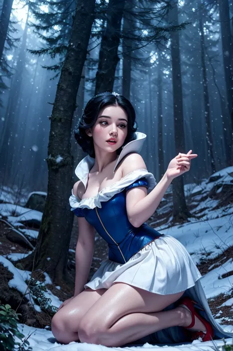 arafa image of a woman in a snow-white dress kneeling in the forest, portrait of snow white with black hair, white as the snow, ...