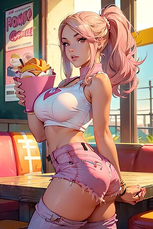 an attractive young woman, blonde, ((cropped rosa claro)), ((pink denim mini skirt)), ((tennis)), sculptural body, delicious, in a fast food restaurant during the day.