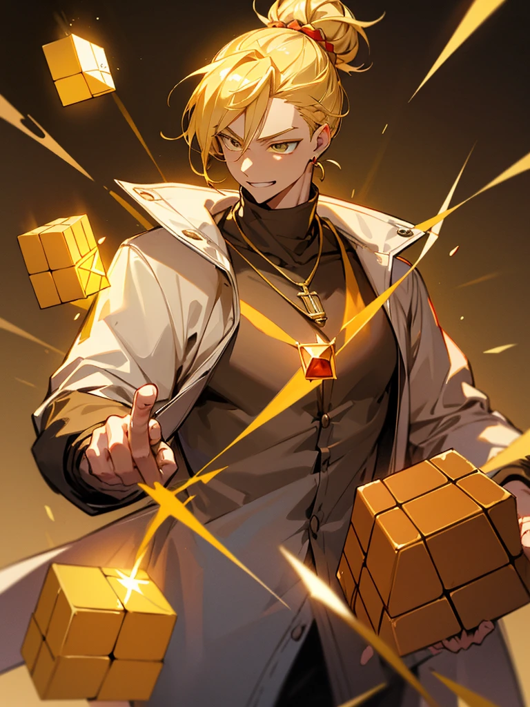 blonde hair, golden eyes, hair tied up into a bun, yellow detailed light from rubiks cube, casual outfit, jacket,, mature male, muscular, joyful expression, yellow rubiks cube, red gem necklace big red gem, red gem on chest