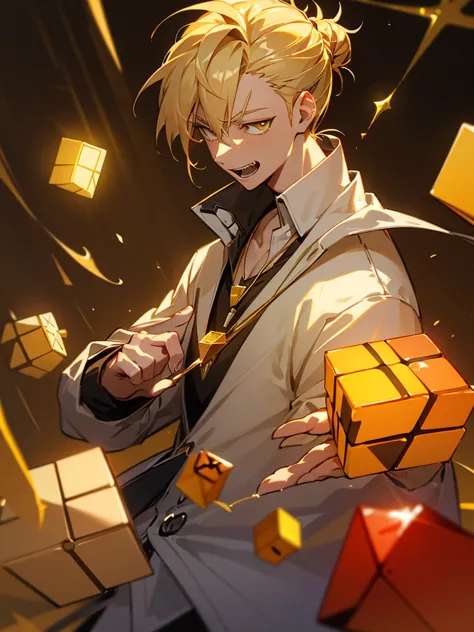 blonde hair, golden eyes, hair tied up into a bun, yellow detailed light from rubiks cube, casual outfit, jacket,, mature male, ...