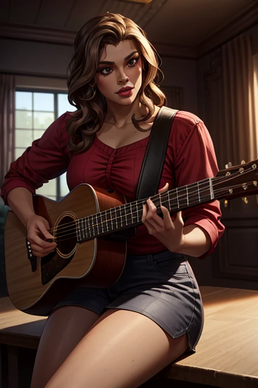 distant vision, a handsome, elegant man serenading with a guitar, sitting and singing,beautiful detailed eyes,beautiful detailed lips,extremely detailed eye and face,long eyelashes,realisitic,photorealisitic,photo-realisitic:1.37,best qualityer,4K,8k,high resolution,work of art:1.2,ultra detali,portraite,dramatic lighting,warm color tones,glittering lights,cinematic