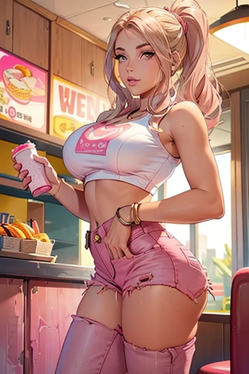 an attractive young woman, blonde, ((cropped rosa claro)), ((pink denim mini skirt)), ((tennis)), sculptural body, delicious, in a fast food restaurant during the day.