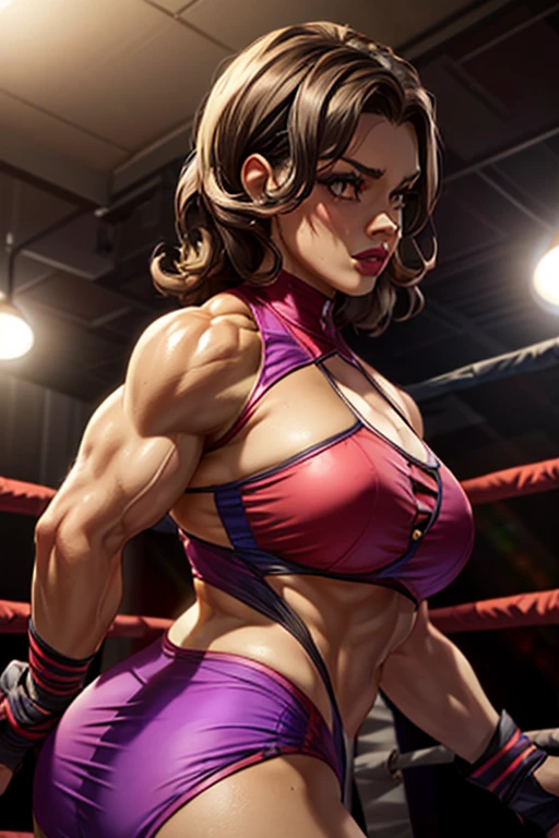 ((Courage bomb)) ((Look at the ceiling))((Flashy professional wrestler costume))(((female professional wrestler))) (((muscular))) female (((abdomen)))(((female professional fighter)))) big neckline monitorPro wrestling lighting match venue cocktail crowd light,,