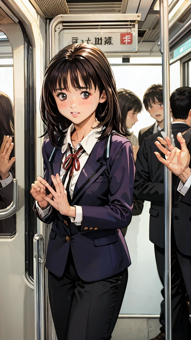 Browsing Caution, Crowded train, Japan , , ,Being touched by many men,Are standing,blush.Molester.School Blazer.nude