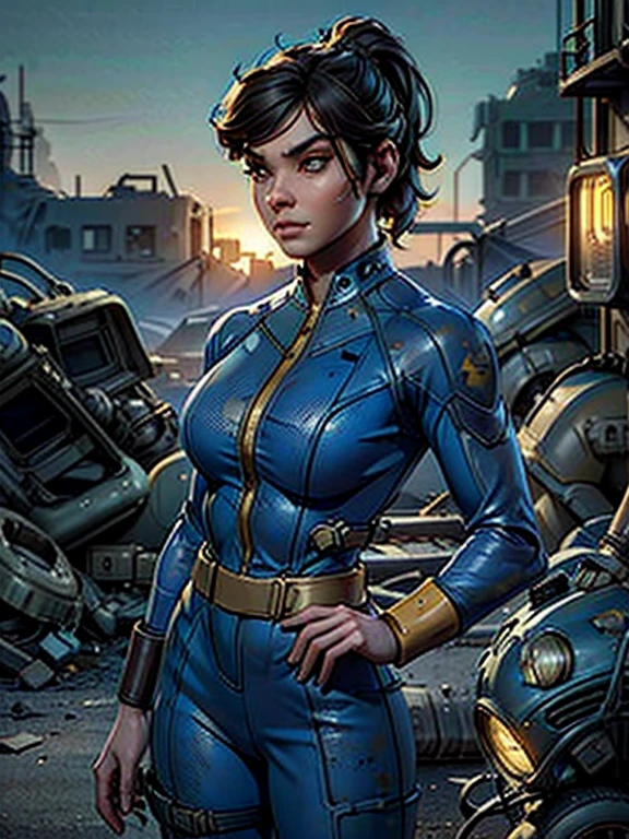 a girl in a fallout vault wearing a dark blue and yellow Fallout vault jumpsuit, pip-boy 3000, ponytail brunette hair, round breasts, cleavage visible, post-apocalyptic, nuclear wasteland, desolate, ruined city, dramatic lighting, cinematic, photorealistic, 8k, hyper detailed, masterpiece, beautiful detailed face, beautiful detailed eyes, beautiful detailed lips, beautiful detailed nose, vaultsuit