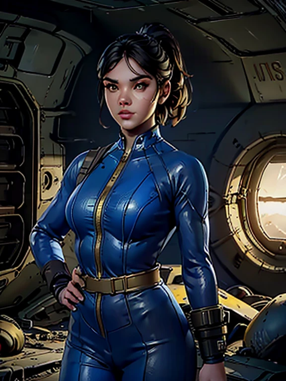 1girl, a girl in a fallout vault wearing a dark blue and yellow Fallout vault jumpsuit, pip-boy 3000, ponytail brunette hair, round breasts, cleavage visible, post-apocalyptic, nuclear wasteland, desolate, ruined city, dramatic lighting, cinematic, photorealistic, 8k, hyper detailed, masterpiece, beautiful detailed face, beautiful detailed eyes, beautiful detailed lips, beautiful detailed nose, vaultsuit