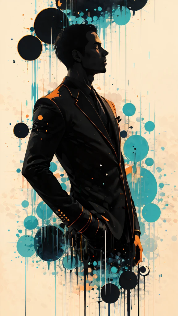 Silhouette of a posed gentleman:dynamic pose:profile,Ink splash,Bold colors,dynamically,colorful,An abstract painting that looks like a person if you look closely,works of art,mysterious,design