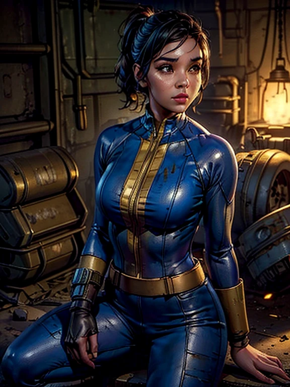 1girl, a girl in a fallout vault wearing a dark blue and yellow Fallout vault jumpsuit, pip-boy 3000, ponytail brunette hair, round breasts, cleavage visible, post-apocalyptic, nuclear wasteland, desolate, ruined city, dramatic lighting, cinematic, photorealistic, 8k, hyper detailed, masterpiece, beautiful detailed face, beautiful detailed eyes, beautiful detailed lips, beautiful detailed nose, vaultsuit