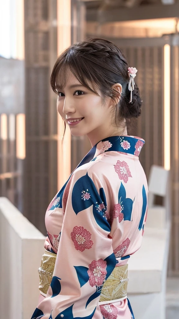 1 person, (Wearing a pink floral kimono.:1.2), Very beautiful Japanese idol portraits, 
(RAW Photos, Highest quality), (Realistic, Realistic:1.4), (masterpiece), 
Very delicate and beautiful, Very detailed, 2k wallpaper, wonderful, finely, Very detailed CG Unity 8k 壁紙, Very detailed, High resolution, Soft Light, 
Beautiful details, Very detailed目と顔, Beautiful and sophisticated nose, Beautiful and beautiful eyes, Cinema Lighting, 
(Commemorative photo on Santorini Island:1.3), (White Building), (blue sky), (Church bells), (Aegean Sea),
(Japanese hairstyle), (Tie your hair at the back:1.3), (bangs), (hairpin), 
Complete Anatomy, Slender body, Small breasts, smile