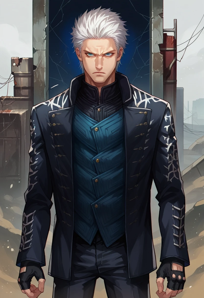 score_9, score_8_up, score_7_up, source_anime, 1boy, solo, dmc5vergil,  white hair, blue eyes, black coat, fingerless gloves, pants, standing, serious, looking at you, wasteland, gray landscape, desolated