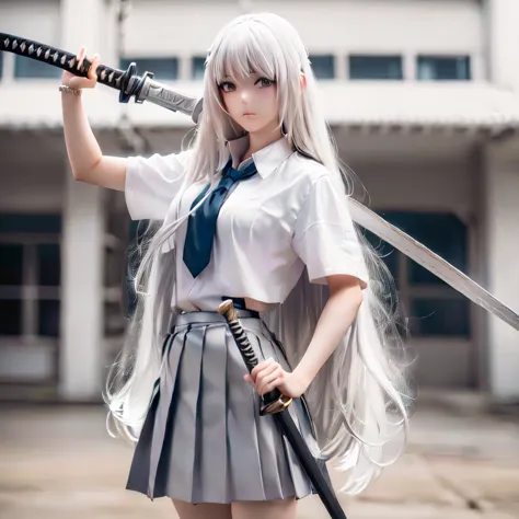 there is a woman with a sword and a skirt holding a sword, anime girl cosplay, anime cosplay, with white long hair, with long wh...