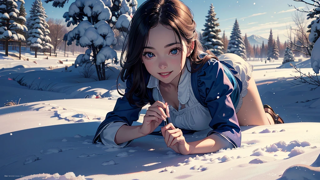 ((masterpiece,best quality,ultra detailed,ultra high res)), (mastepiece, Best Quality, Ultra-detailed, Photorealistic, extremely delicate and beautiful),
Alice in Wonderland, at winter, Playing in the snow, Happy smile, Very beautiful girl, correct facial features, detailed image of a girl