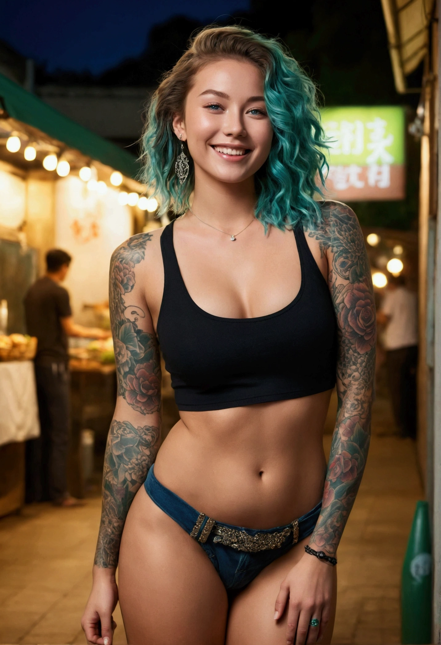 Full length photo, front view, young woman, glowing skin, (detailed face), tattoo, jewelry, night, green, wavy hair, beautiful big butt, attractive appearance, smile, perfect style, perfect balance, thin skin, best image quality, fine grain image quality, beautiful, woman, smile, blue eyes, jewelry, blue eyes, realistic, high resolution, soft light, hips up, glowing skin, (detailed face), tattoo, spread legs wide,
background, south korea, street food.