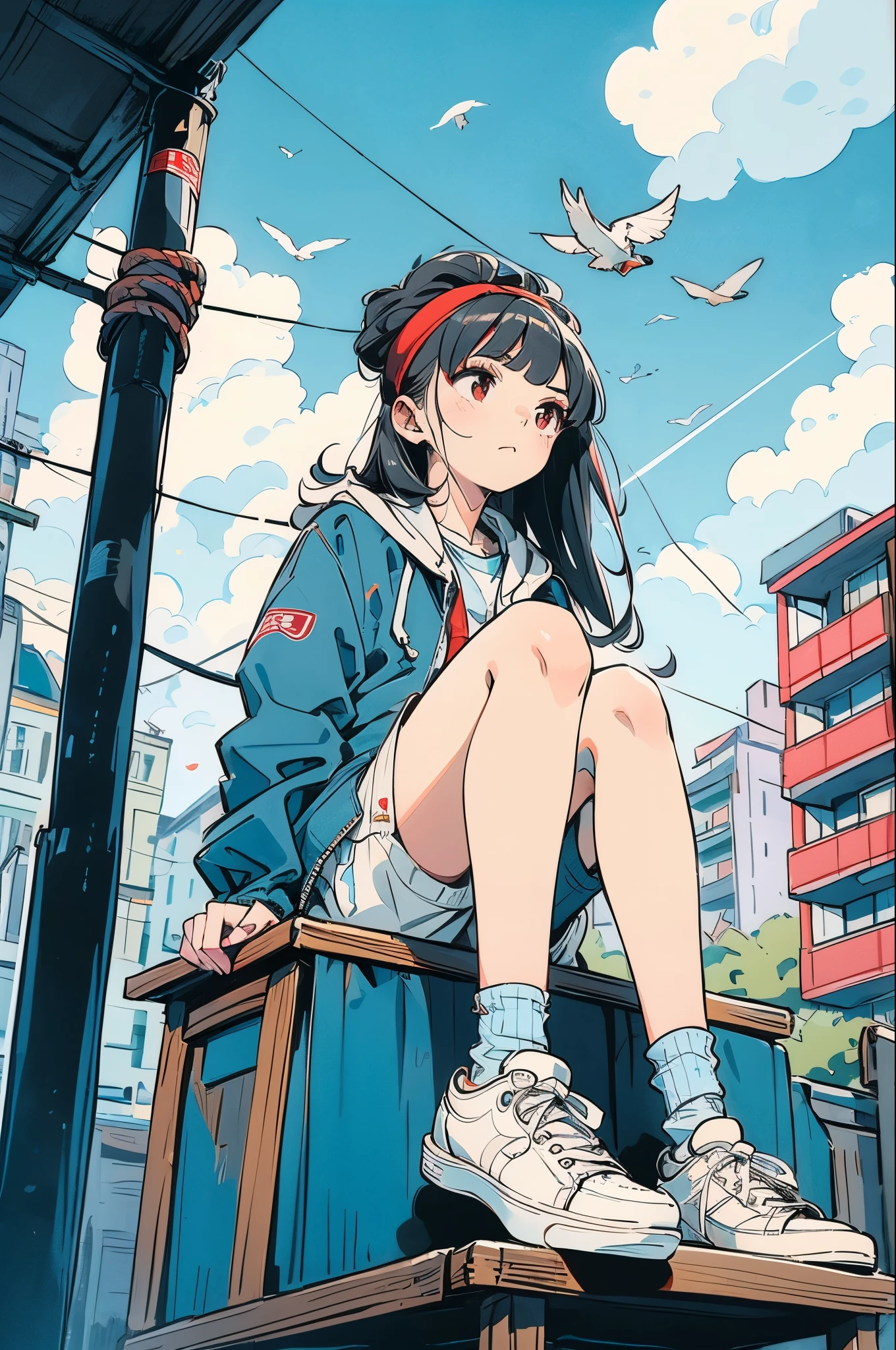 One person,White shoes,alone,Sitting,null,cloud,Outdoor,Black Hair,bird,Upward view,blue null,White socks,Daytime,Blue jacket,building,Long sleeve,leaf,Long Hair,stage,red head band,Pump rope,head band,bangs,cloudy null,from_Under,wide_shot,