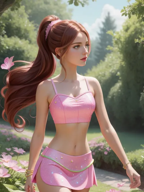 (best_quality, add_detail, masterpiece), woman, flora_winx, flora_winx style, flora_winx clothing, fairy wings,  pink  crop top,...