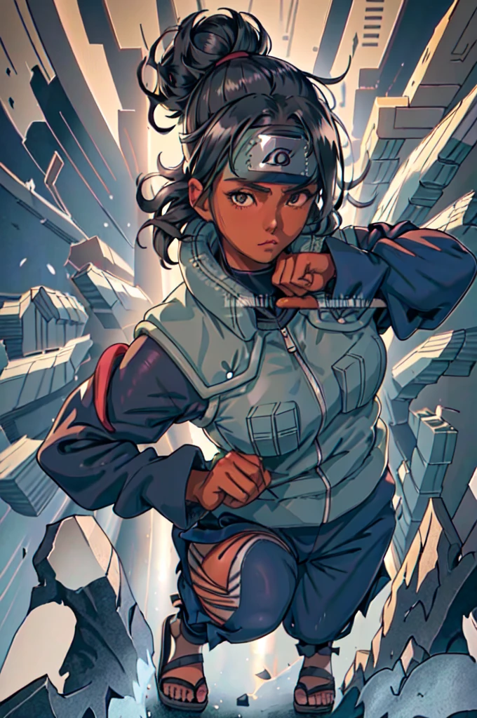 joninvest, heavy navy colored coat with fur, forehead protector, black headband, konohagakure, japanese village background, brown skin, black hair, messy bun, extremely curly hair, (best quality, masterpiece, RAW photo,ultra-detailed:1.2), 1girl, solo, looking at viewer, action pose, full body