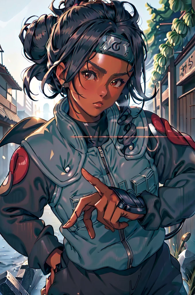 joninvest, heavy navy colored coat with fur, forehead protector, black headband, konohagakure, japanese village background, brown skin, black hair, messy bun, extremely curly hair, (best quality, masterpiece, RAW photo,ultra-detailed:1.2), 1girl, solo, looking at viewer, action pose