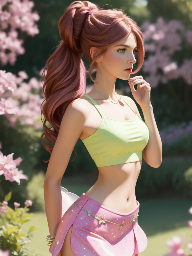 (best_quality, add_detail, masterpiece), woman, looks at the camera,   Flora_Winx, Flora_Winx style, Flora_Winx clothing, fairy wings,  pink  crop top, pink short  petal skirt , brunette, hairstyle   ponytails, slim figure,  flawless appearance, flawless anatomy,  Nature fantasy background, stardust,  cinematics, realistic art, 8K, fantasy, --style raw, 
