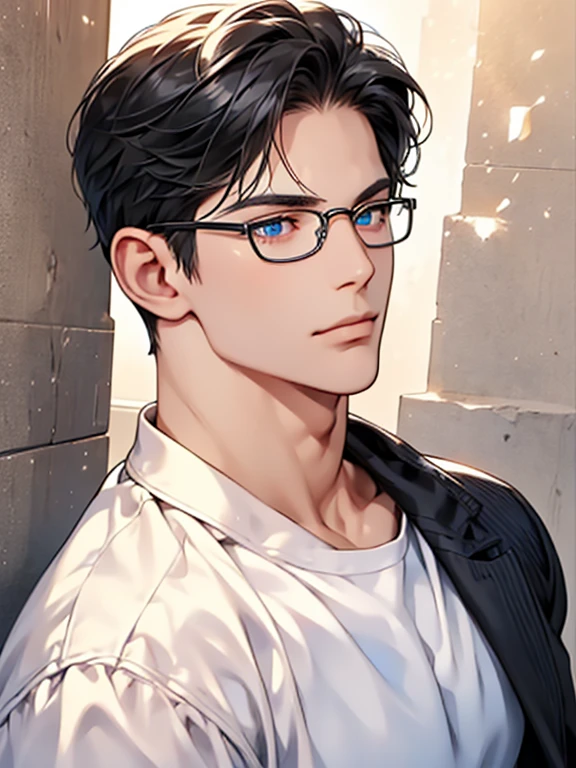 a man with black hair, blue eyes, and glasses wearing a white shirt, detailed facial features, realistic and high resolution, masterpiece, mugshot style against a wall background. CEO, Office home.