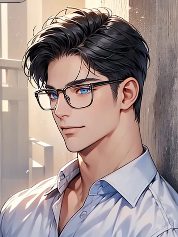 a man with black hair, blue eyes, and glasses wearing a white shirt, detailed facial features, realistic and high resolution, masterpiece, mugshot style against a wall background. CEO, Office home. Expression smile in love.