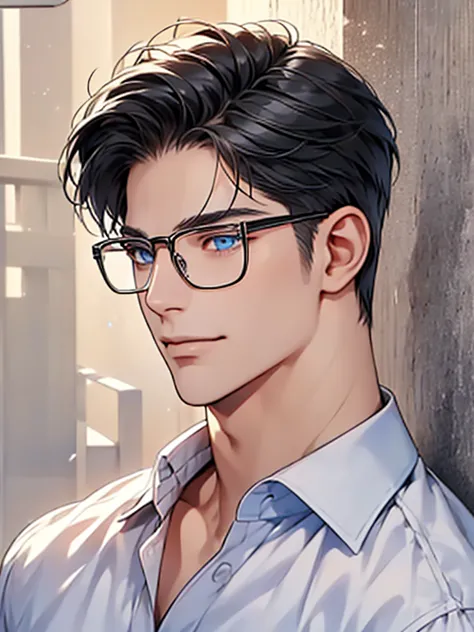 a man with black hair, blue eyes, and glasses wearing a white shirt, detailed facial features, realistic and high resolution, ma...