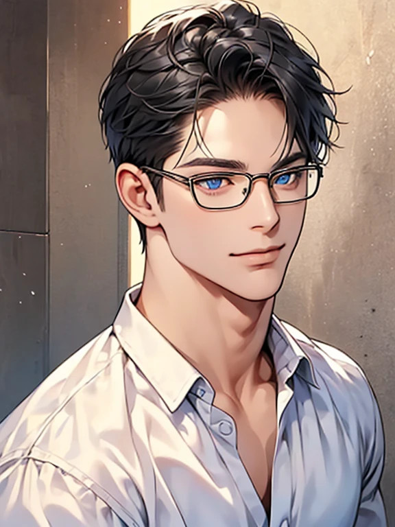 a man with black hair, blue eyes, and glasses wearing a white shirt, detailed facial features, realistic and high resolution, masterpiece, mugshot style against a wall background. CEO, Office home. Expression smile in love.