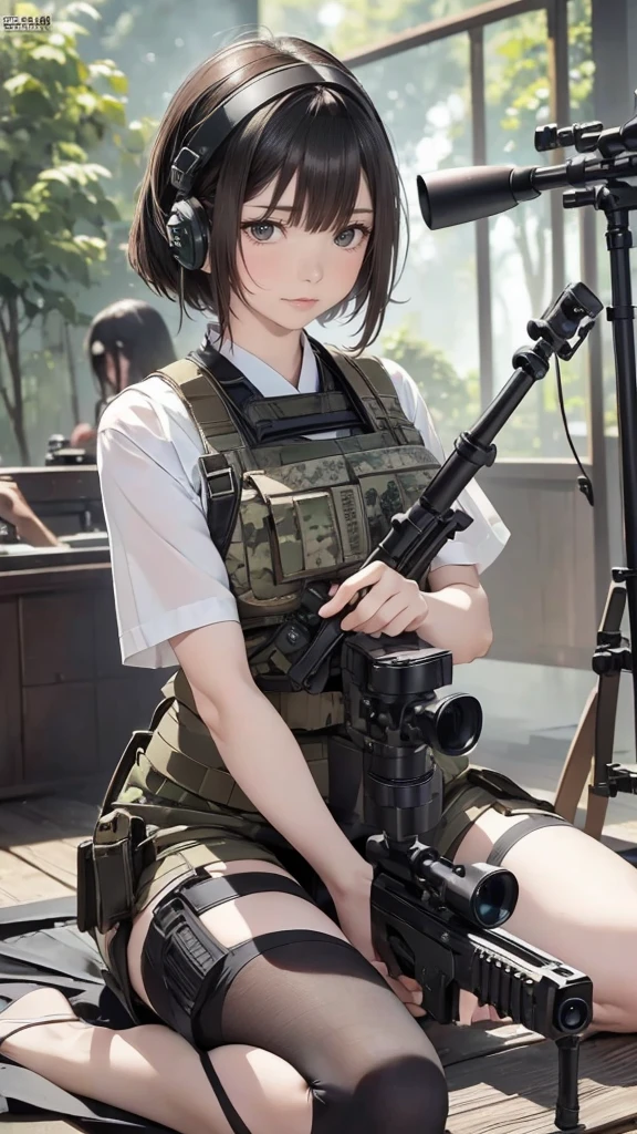 (masterpiece),(Highest quality),(High resolution),(Very detailed),One Woman,4,Mature Woman,Japanese,Black Hair,Short Bob,Beautiful Eyes,Long eyelashes,Beautiful Hair,Beautiful Skin,strict,whole body,break(((aim at something with a sniper rifle))),((View the sights))(Lying down),((Sniper Rifle)),Army Camouflage Uniform,Bulletproof vest, Combat Boots, Tactical Forster,Tactical Headset,(The background is a dense forest),(((Background Blur)))